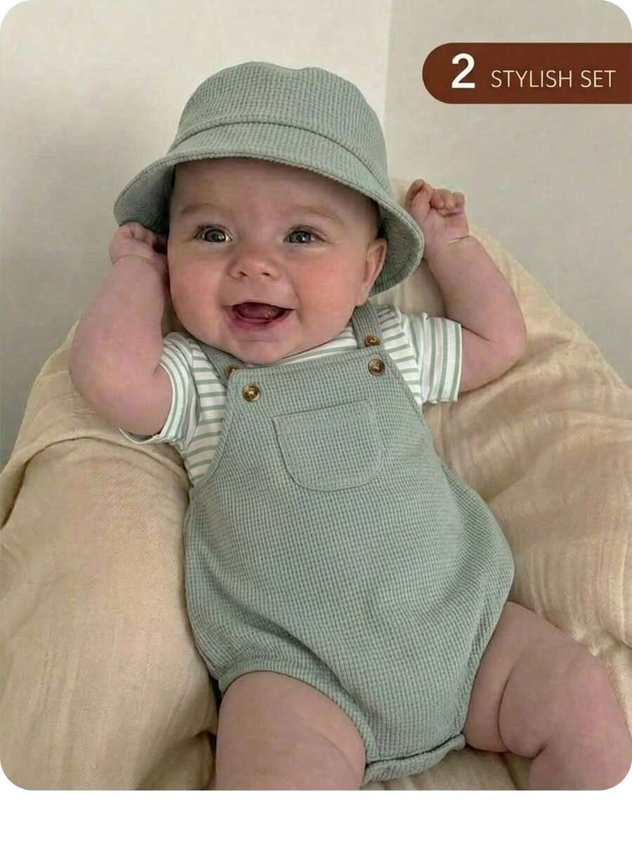 Set Baju Terusan Bayi Laki-laki Baru Lahir Kasual Lucu Bergaris Lengan Pendek dan Hijau - Hijau - View 1