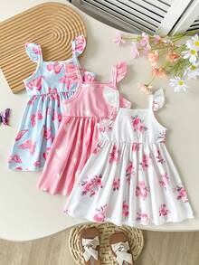SHEIN Playful Pals 3件装女婴荷叶边吊带连衣裙，条纹搭配彩色花卉和粉色图案连衣裙，甜美可爱，适合夏季、度假和玩耍。 - 彩色 - 查看 3