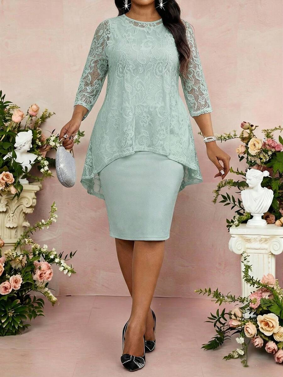 SHEIN Lady 春夏秋冬优雅通勤办公黑色蕾丝针织圆领中长七分袖加大码套装 - 霧霾藍 - 查看 1