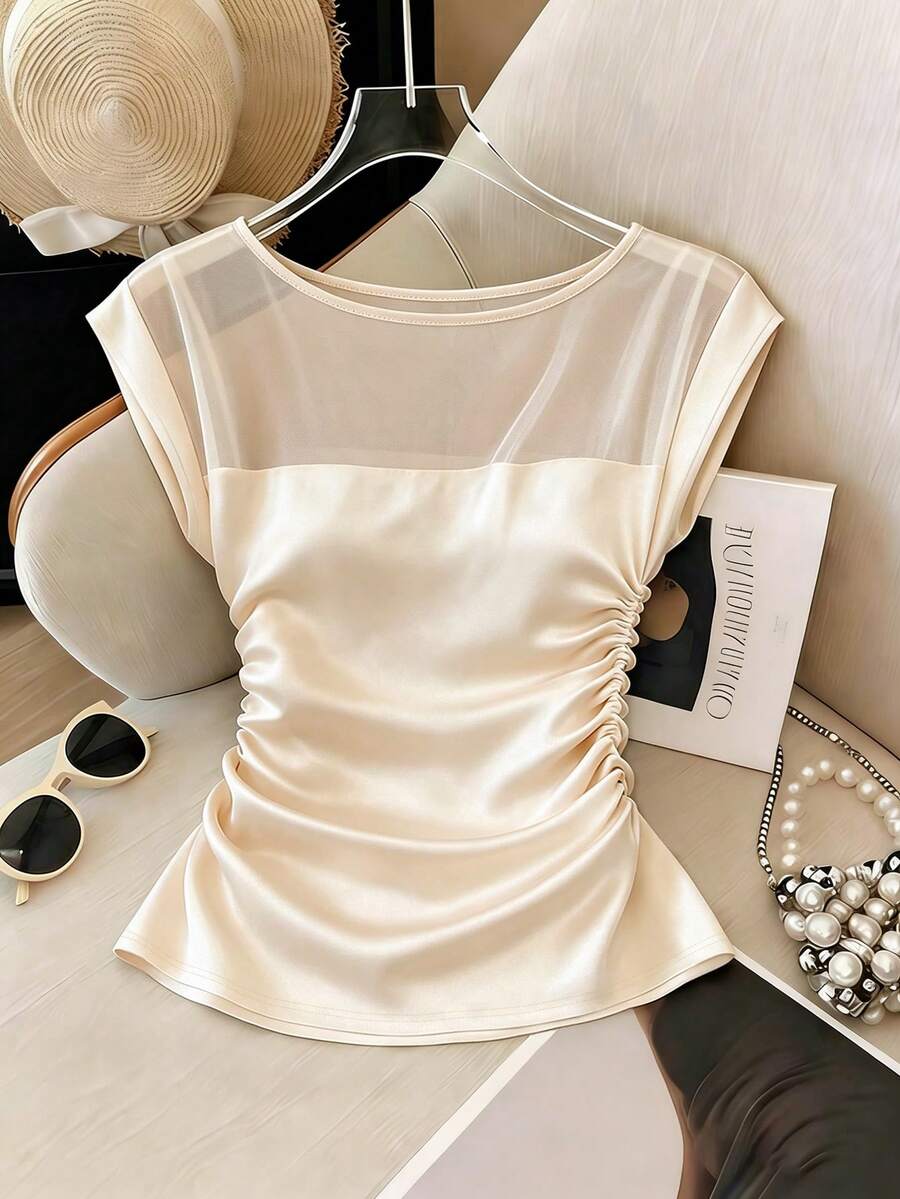 SHEIN Franclia Áo thun nữ dáng ôm vừa vặn, tối giản, đa năng, hơi xuyên thấu, thanh lịch, thích hợp cho công sở. - Màu be - Xem 1