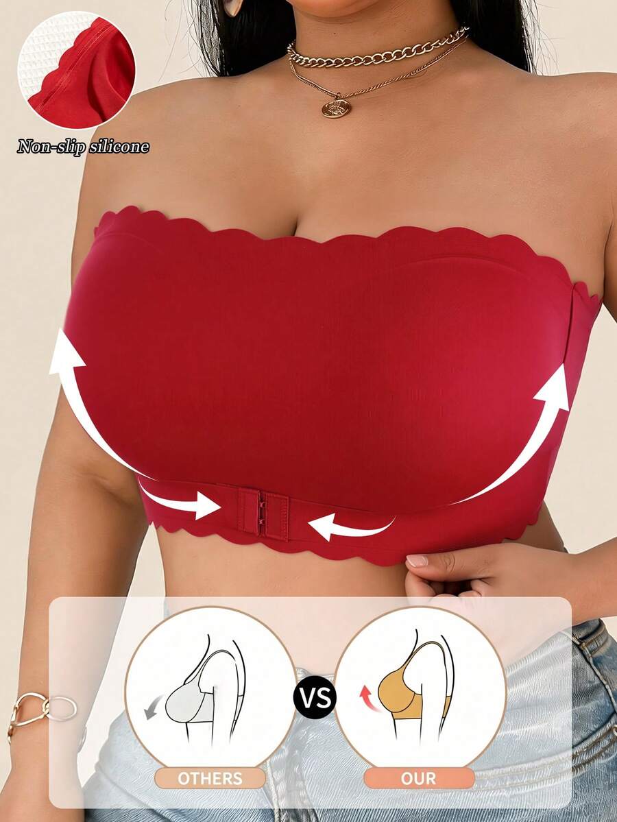 SHEIN Sujetador sin tirantes de unicolor para mujer de talla grande - Rojo - Ver 1