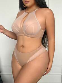 SHEIN 2件/套 女士纯色网纱钢圈加大码文胸套装 - 駝色 - 查看 5