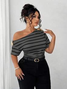 Elenzga Blusa casual y versátil con hombros descubiertos para mujer de talla grande - Gris - Ver 5