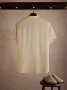 Manfinity RSRT Men's Casual Solid Color Single-Breasted Short Sleeve Shirt, Summer, Holiday - Khaki - View 2