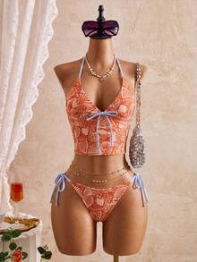 女士全印花坦克比基尼泳衣套装，适合海滩度假 - 藍色 - 查看 1