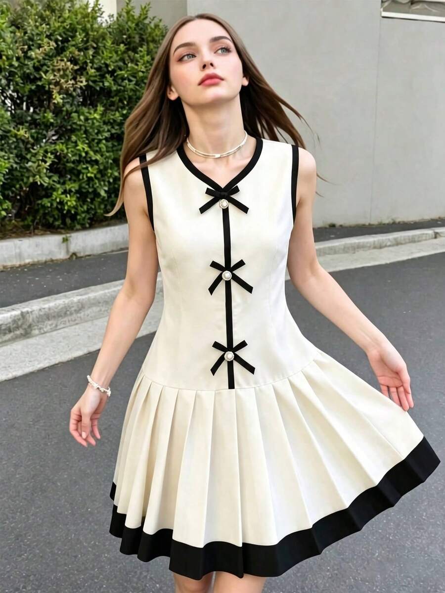 SHEIN Elladie kids Girls' Cream And Black Summer Elegant Cocktail Dress,Sleeveless Bowknot Decor Pleated Hem Snug Fit Casual Dress For Commuting,Travel,Party - White - View 1