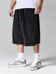 SUMWON Wide Leg Casual Drawstring Bermuda Shorts With Elastic Waistband Knee Length Cotton Washed Texture Summer Streetwear - Black - View 4