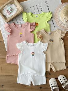 SHEIN 8件套/女婴0-3岁春夏新款休闲日常外出可爱纯色针织不对称罗纹短袖背心T恤上衣和短裤8件套 - 彩色 - 查看 6