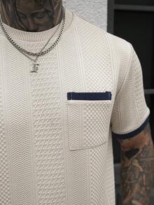 EGENSIO Men's Round Neck Raglan Short Sleeve Contrast Color T-Shirt, Summer Textured Fabric - Apricot - View 4