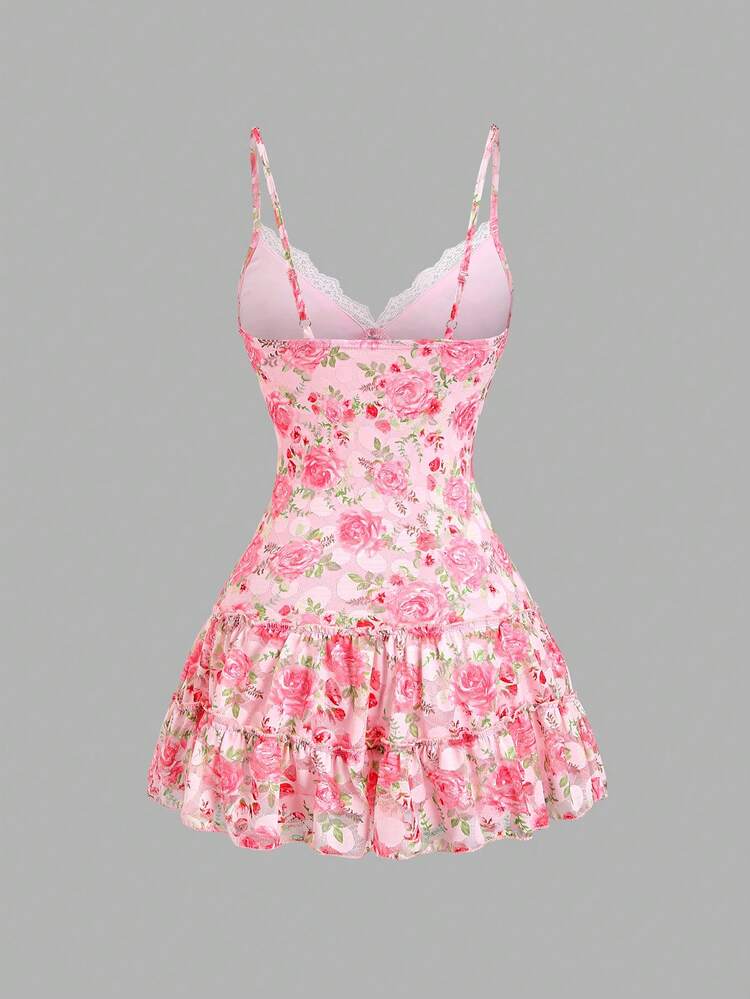 Sunnyshic Summer Vacation Mesh Printed Slip Dress, Sweet Girl Lace Patchwork, Suitable For Dating, Casual, Vacation And Various Occasions - Pink - View 2