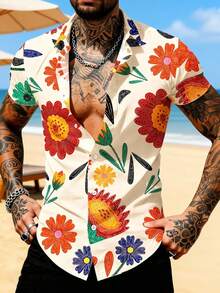 Manfinity RSRT Floral Printed Button-Up Men's Casual Floral Print Short Sleeve Shirt Holiday Shirt Vacation Shirt  Beach Wear Hawaii  Style Blouses For Women  Going Out Tops  Shirts For Men - Multicolor - View 6
