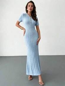 SHEIN Raffinéa Casual Fitted Round Neck Short Sleeve Knitted Half-Placket Button Design Hollow Knitted Fish Tail Hem Apricot Color Women Spring/Summer Sweater Dress Ladies Dresses - Baby Blue - View 3