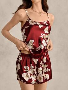 EverLounge Floral Print Satin Cami Top & Shorts PJ Set / Pajama Set - Burgundy - View 5