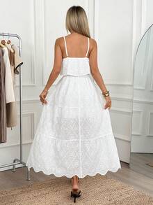Easowa White Embroidered Dress, Layered Ruffle Collar, Lace Hem, A-Line Silhouette, Suitable For Romantic, Casual, Beach Vacation - White - View 3