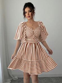 Selianne 最新春夏蓝白条纹短袖优雅休闲修身中长连衣裙（女款） - 彩色 - 查看 6