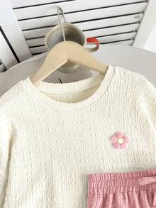 SHEIN Bộ đồ hai mảnh LMoss Kids dành cho bé gái tuổi teen, màu trơn, gồm áo dệt kim tay ngắn cổ tròn và quần short rộng, kiểu dáng thường ngày. - Hồng - Xem 3
