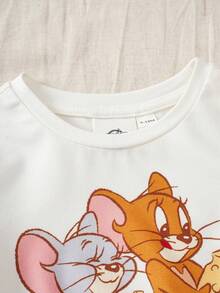 TOM & JERRY X SHEIN Baby Girl Cute Cartoon Letter Print Round Neck Short Sleeve Top And Casual Striped Contrast Color Shorts Pajama Set - White - View 3
