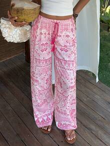 Sunnyshic Tall Damen Lässig Urlaub & Alltag Boho Paisley Muster Quasten Dekor Tiefe Taille Weite Beine Hose, geeignet für Frühling/Sommer, große Frauen - Verschiedenfarbig - Übersicht 3