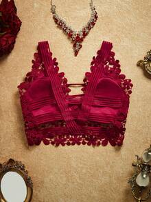 PinupPomp Guipure Lace Longline Bralette Lingerie - Burgundy - View 2