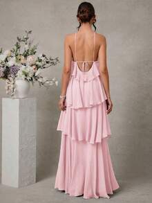 L'Amorae Elegant Romantic Wedding Guest Solid Halter Tiered Chiffon Maxi Dress - Pink - View 2