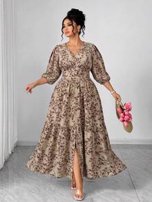Elenzga Plus Size Women's New Elegant Casual Vacation Daily Wear Lightweight Floral Print Short Sleeve Dress, Spring/Summer Fall - Coffee Brown - View 5