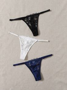 Women's Fantasy Elegant Lace Thong Panties Set Contrast Trim Multicolor Underwear For Her - Multicolor - View 4