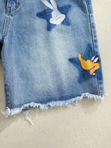 LOONEY TUNES X SHEIN Quần short denim nam dáng casual, rách gấu, có túi. - Màu xanh lam - Xem 5