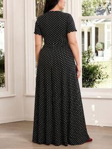 SHEIN CURVE+ 大尺碼休閒櫻桃印花V領洋裝，適合戶外茶會晚宴，2026秋冬 22W - 黑與白 - 查看 3