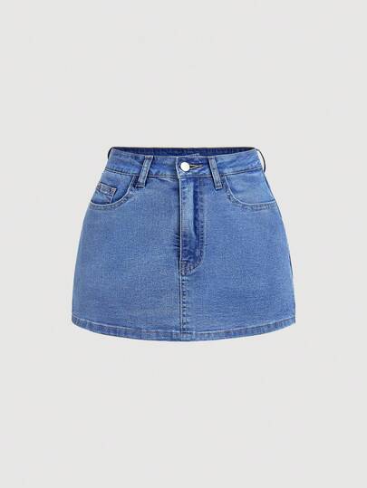Sweetra Pantalón falda vaquera azul claro casual y versátil con lazo blanco para mujer