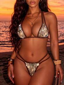 Swim SXY Sexy Swimwear For Women, Deep Brown Trim Design, Sequin Fabric, Adjustable Shoulder Straps, Bikini Style, Suitable For Vacation, Beach, Party, Pool - Champagne - View 4