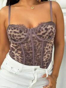 豹纹紧身胸衣蕾丝边连体衣，性感度假/节日，派对，约会之夜，情人节，下午茶 - 棕色 - 查看 6