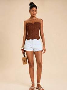 Travachic Top bandeau élégant brodé pour femmes, été - Marron - Voir 3