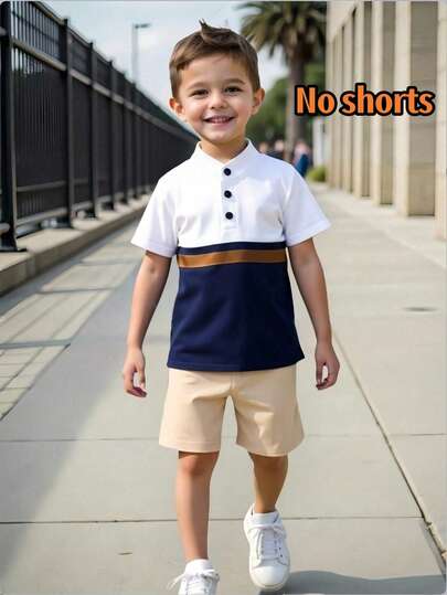 SHEIN 1 Pc Young Boy Knit Comfortable Short Sleeve Polo Shirt, Fashionable Sporty Color-Block Design Top, Suitable For Spring/Summer, Loose Fit, Ideal For Vacation, Beach, Casual Outings