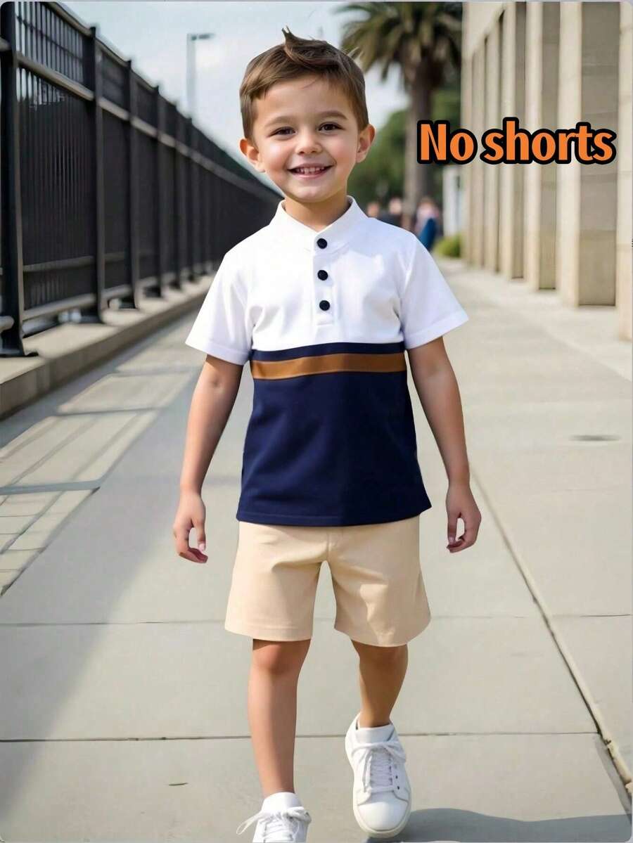 1 Pc Young Boy Knit Comfortable Short Sleeve Polo Shirt, Fashionable Sporty Color-Block Design Top, Suitable For Spring/Summer, Loose Fit, Ideal For Vacation, Beach, Casual Outings - Blue and White - View 1