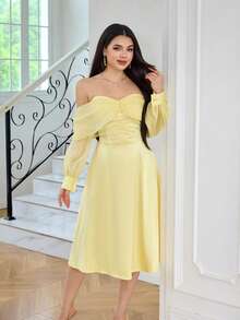 Modelyn 女款時尚優雅淡黃色露肩荷葉邊迷你洋裝 婚禮派對夏季 - 黃色 - 查看 6