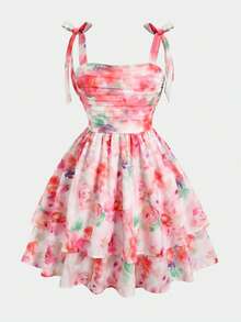 Serisse Kids Đầm lưới họa tiết hoa nhí màu hồng, dây mảnh, nơ, dễ thương và thanh lịch cho bé gái tuổi teen, eo nhún bèo, thích hợp cho mùa xuân/hè, đi nghỉ mát, lễ hội. - Hồng - Xem 5
