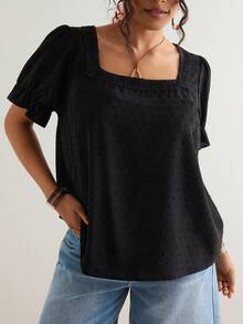 Freevana Plus Size Lace Patchwork Square Collar Short Sleeve Shirt,Puff Sleeve Blouse - Brown - View 1