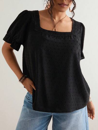 Freevana Blusa de manga corta con cuello cuadrado y parches de encaje de talla grande, blusa de manga abullonada