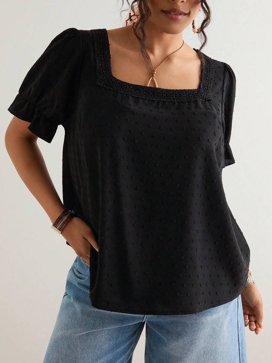 Freevana Plus Size Lace Patchwork Square Collar Short Sleeve Shirt,Puff Sleeve Blouse - Brown - View 1
