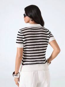 LYSMO Minimalism Casual Sexy Coastal Modest Beach City Break Vacation Daytime Short Sleeve Knit Crop Top Fitted Black And White Striped Sweater Summer - Multicolor - View 2