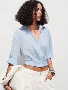 SHEIN Luminelle Camisa casual de mujer con cuello en V texturizada a rayas, de corte corto, con cintura ceñida, de estilo fashionable y minimalista, para primavera/verano - Azul - Ver 5