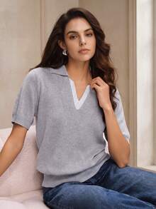 Anewsta Women's Knit Patchwork Short Sleeve Top - Light Grey - View 3