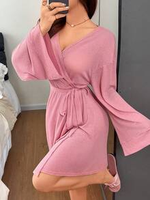 罗纹柔软针织休闲宽松家居服睡袍 - 粉色 - 查看 1