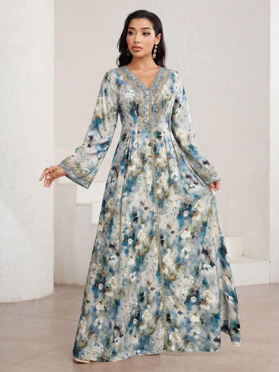 Veilorie 女款 V 領滿版印花現代 Filipiniana 禮儀優雅洗禮賓客 Ninang 婚禮晨袍正式晚宴阿拉伯風灰色秋季洋裝 - 彩色 - 查看 1