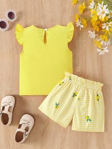 SHEIN Elladie kids 4-7Y 2pcs/Set Girls Casual Textured Yellow Round Neck Ruffle Sleeve Shirt & Floral Print Shorts Set,Summer,Matching,Family Vacation,Holiday Outfit - Yellow - View 2
