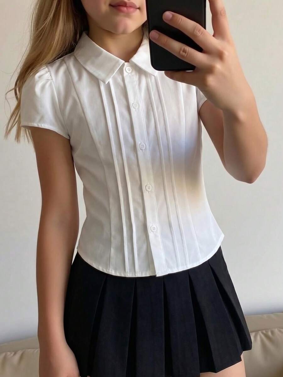 Tween Girls White Minimalist Versatile Fitted Short Sleeve Blouse - White - View 1