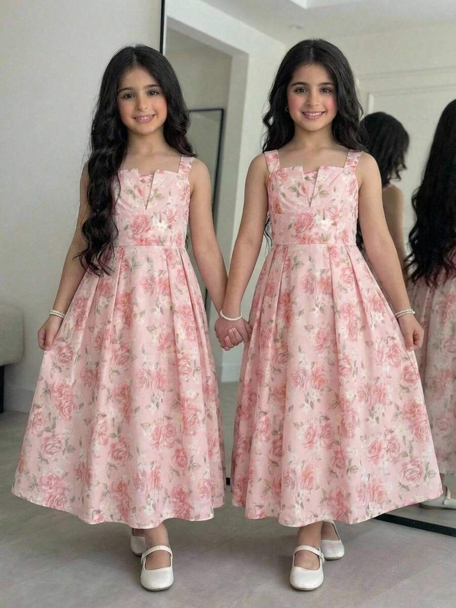 Vestido Maxi con Tirantes Finos y Estampado Floral para Niñas Preadolescentes Primavera/Verano Rosa - Rosa - Ver 1