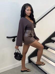 Alexandranx 女士V领喇叭袖针织毛衣 - 棕色 - 查看 5