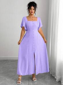 Roveilla Plus Size Solid Color Ruffle Trim Square Neck Cinched Waist Dress - Purple - View 7