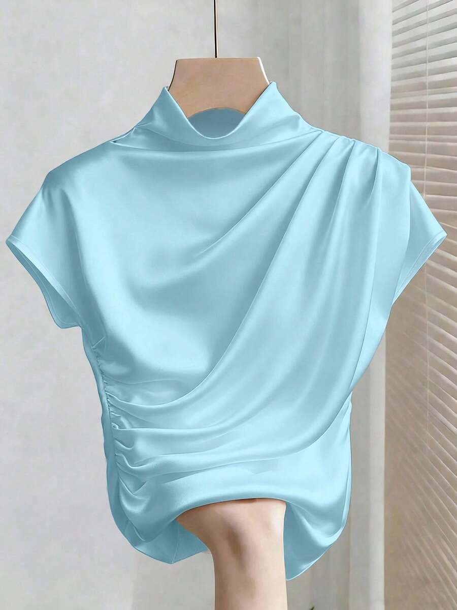 Franclia 女士休闲百搭纯色褶裥修身短袖白色T恤 - 藍色 - 查看 1